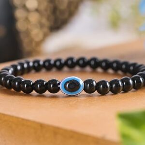 Black Tourmaline Bracelet with Evil Eye (Protection & Grounding)