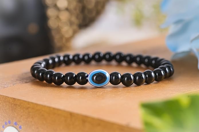 Black Tourmaline Bracelet with Evil Eye (Protection & Grounding)