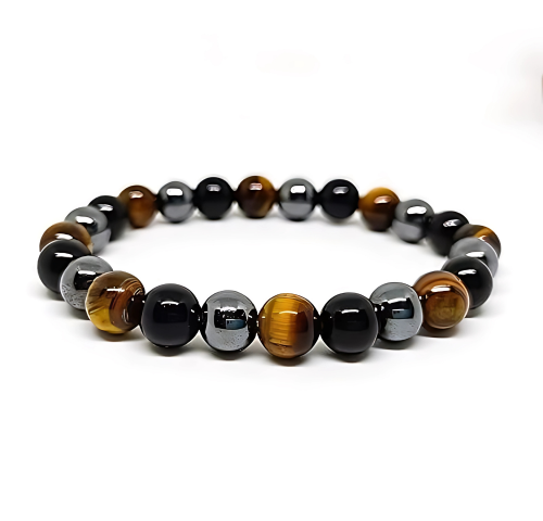 Triple Protection Bracelet made of Black Obsidian, Hematite, and Tiger Eye – Energy Shield for Grounding, Strength, and Protection
